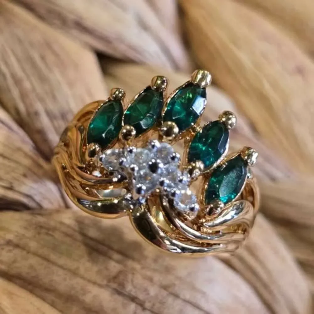 Marquise Green Stone and CZ Ring. Sz 5.75